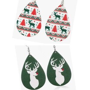2 Pair Teardrop Christmas Earrings Deer & Sweater Earrings Xmas Earrings - NEW